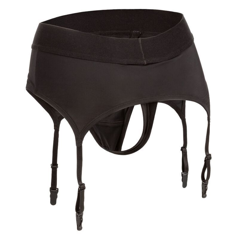 Perizoma senza sfilatura CALEXOTICS con giarrettiera, taglia S/M, in tessuto nero, dettagli eleganti e stile raffinato.