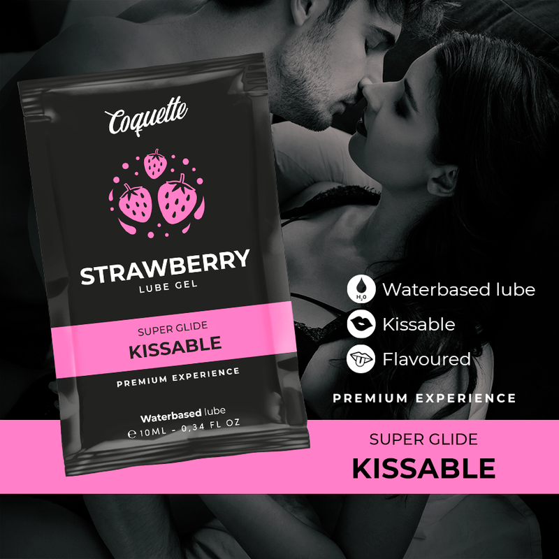 Lubrificante kissabile a base acqua alla fragola Coquette Cosmetics, confezione pocket da 10 ml, per momenti di intimità.