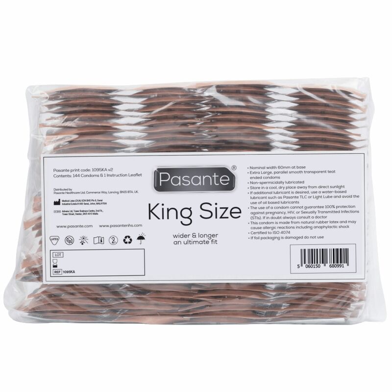 Preservativi Pasante King Size in confezione da 144 unità, scatola con preservativi extra large, confezione sigillata.