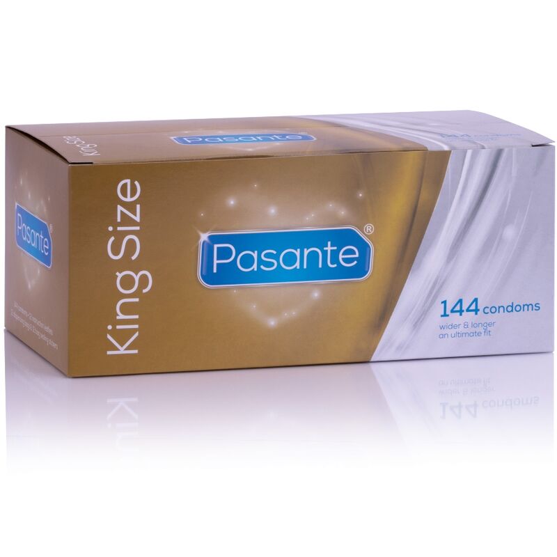 Preservativi Pasante King Size in confezione da 144 unità, scatola bianca con dettagli blu e logo Pasante visibile