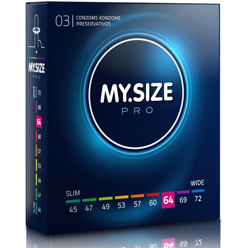 Preservativi MY SIZE PRO da 64 mm, confezione da 3 unità, mostra il packaging e i preservativi sigillati.