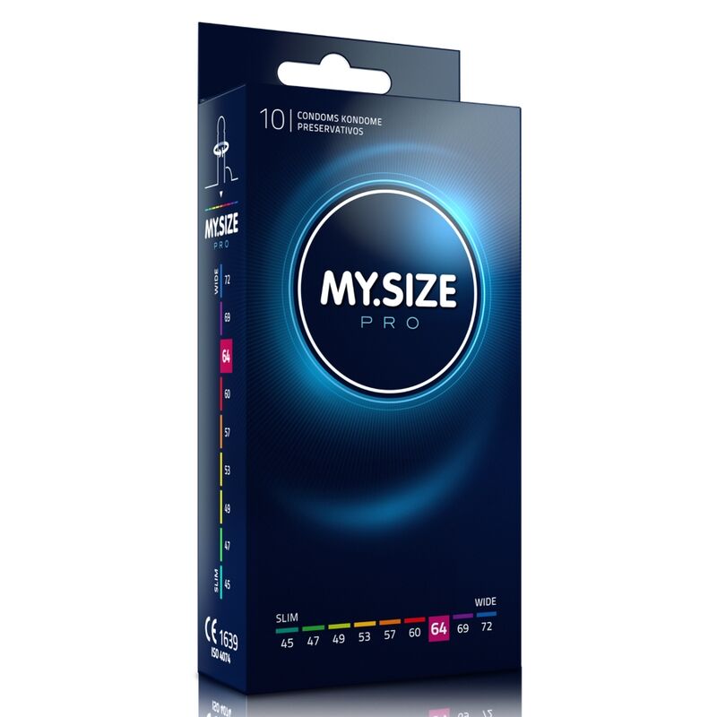 Preservativi MY SIZE PRO da 64 mm, 10 pezzi, confezione con dettagli e marchio visibile.