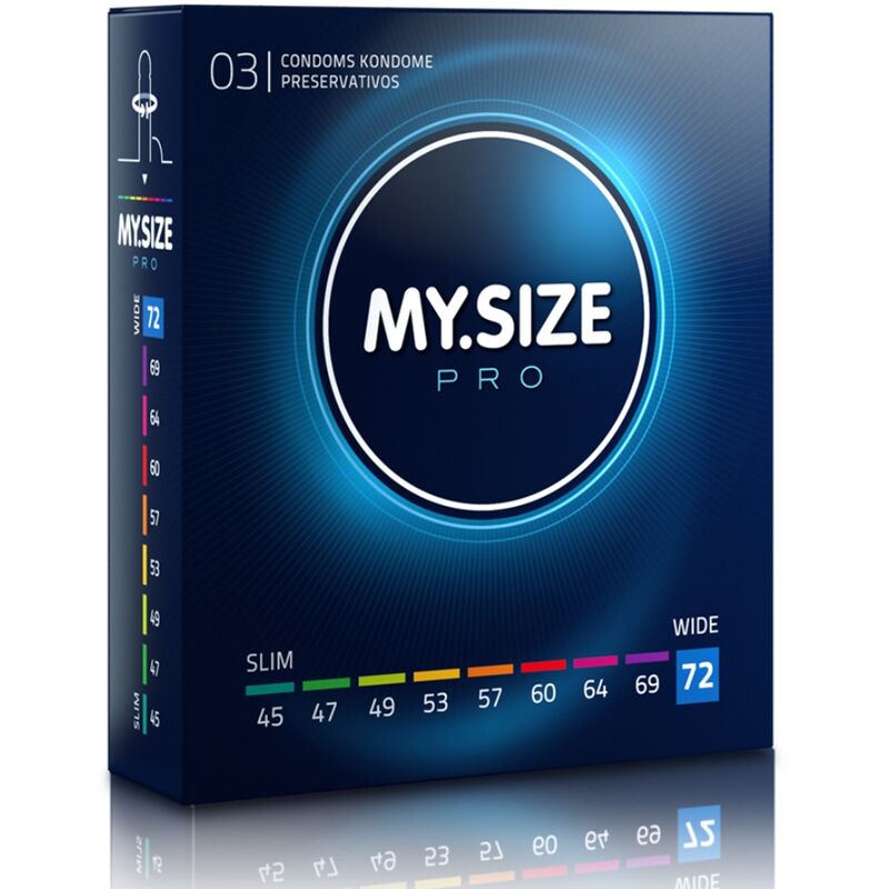 Protesi di preservativi MY SIZE PRO, 72 mm, confezione da 3 unità, evidenziando la scatola e i preservativi.