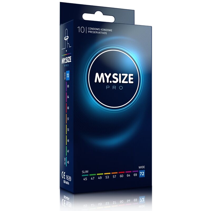 Preservativi MY SIZE PRO da 72 mm, confezione da 10 unità, con confezione visibile, in confezione sigillata.