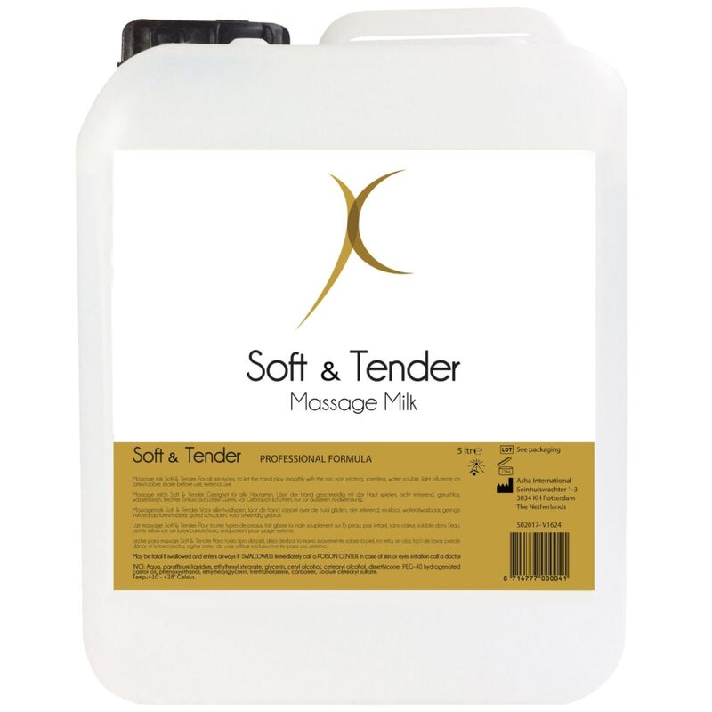 Olio da massaggio morbido e tenero Soft and Tender, bottiglia da 5000 ml con etichetta bianca e dettagli blu.