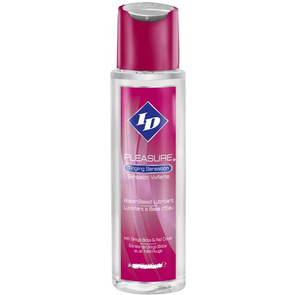 Lubrificante a base acqua ID PLEASURE da 65 ml, bottiglia con etichetta blu e bianca, visibile in primo piano.