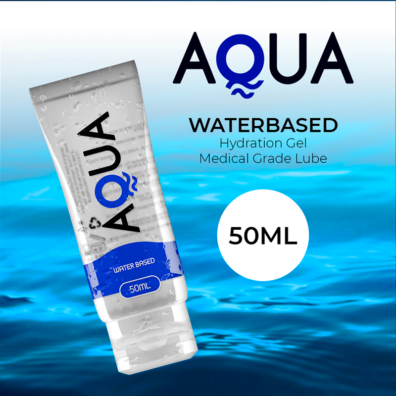 Lubrificante a base acqua AQUA QUALITY, flacone da 50 ml, visibile con etichetta e tappo.