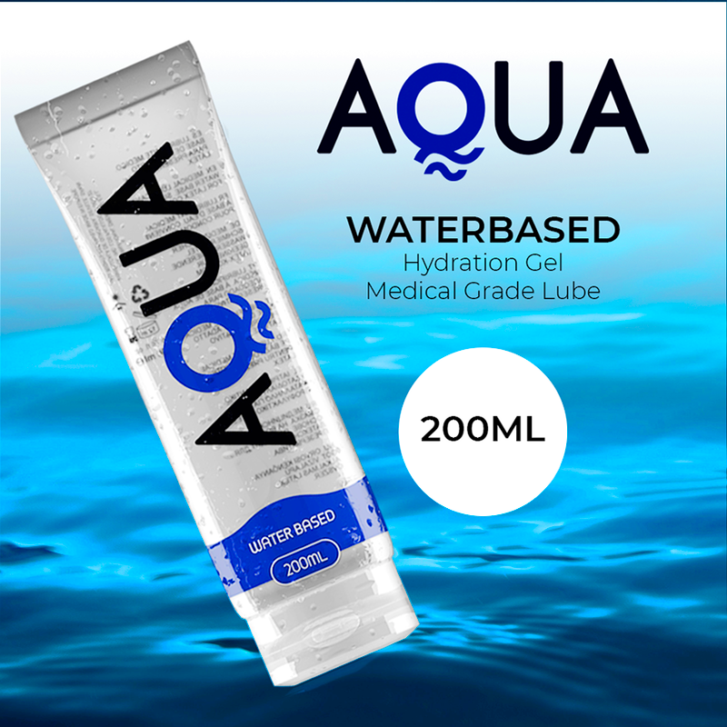 Lubrificante a base acqua AQUA QUALITY da 200 ml, bottiglia con etichetta blu e bianca, visibile in primo piano.