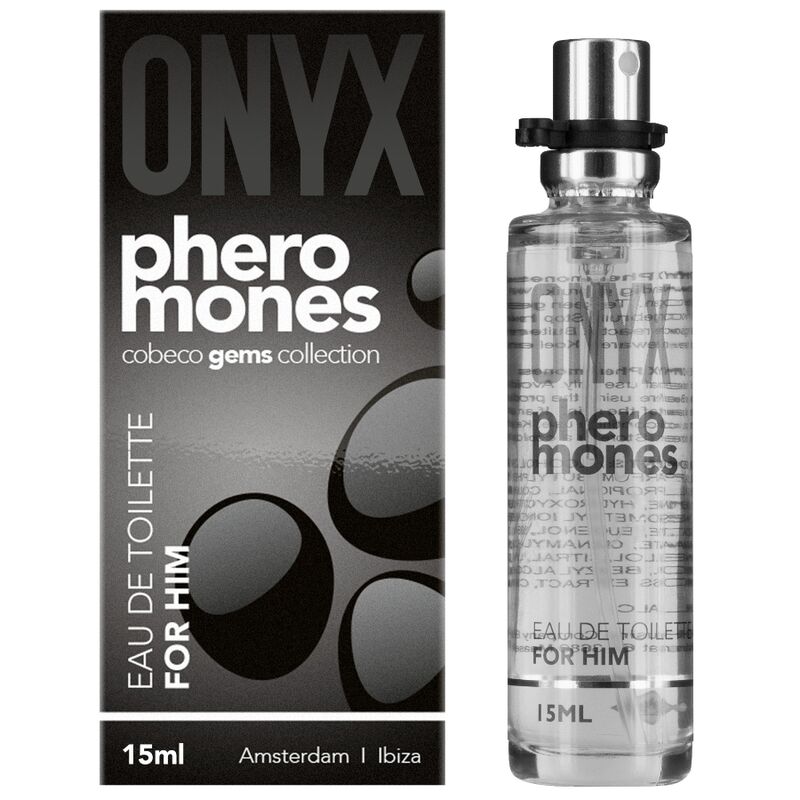 Flacone di 15ml di COBECO ONYX Pheromones Eau de Toilette per uomo, con etichetta nera e dettagli eleganti.