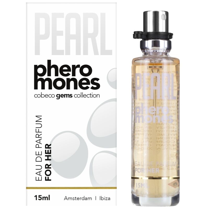 Profumo COBECO Pearl Pheromones Eau de Parfum per lei, 15 ml, bottiglia elegante con spray, design raffinato e femminile.