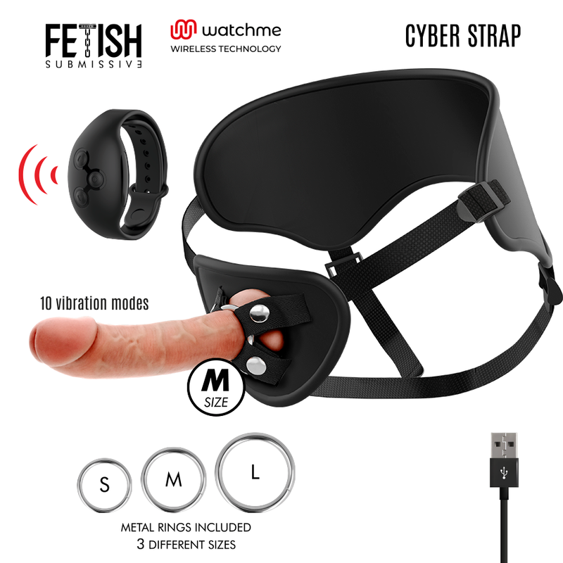 Imbragatura BDSM Fetish Submissive Cyber Strap con telecomando e tecnologia Dildo WatchMe M, dettagli neri e regolabili.