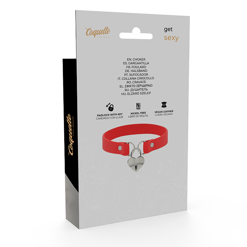 Collana in pelle vegana rossa Coquette Accessories con cuore e chiave, accessorio elegante e originale.