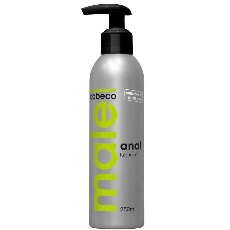 Lubrificante anale maschile COBECO - MALE, flacone da 250 ml con etichetta blu, visibile con dettagli del prodotto.
