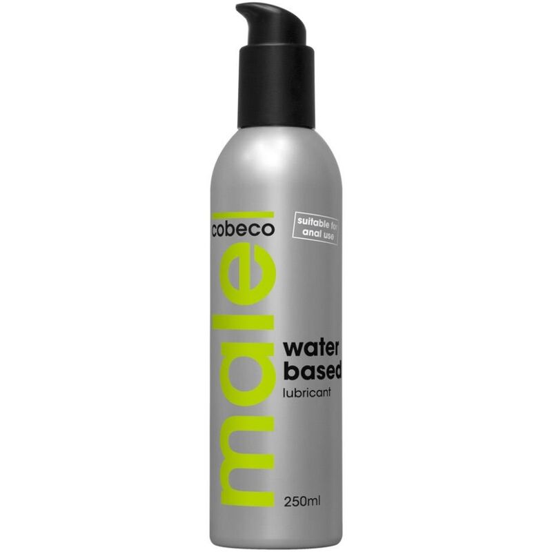 Lubrificante maschio a base acqua COBECO da 250 ml, bottiglia con etichetta blu e tappo bianco, visibile in primo piano.