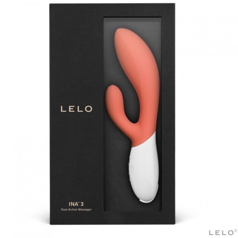 Vibratore di lusso LELO INA 3 con coniglio in colore corallo, design elegante e dettagli realistici per piacere intenso.