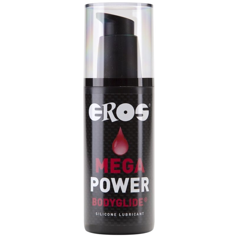 Lubrificante Eros Power Line Power Bodyglide Silicone da 125 ml, flacone con etichetta blu e tubo di silicone visibile.