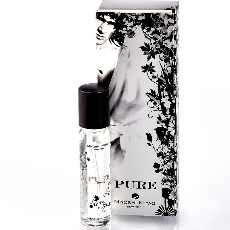 Profumo da uomo Miyoshi Miyagi De Fromonas Puras, flacone da 15 ml, con etichetta e dettagli di design eleganti.