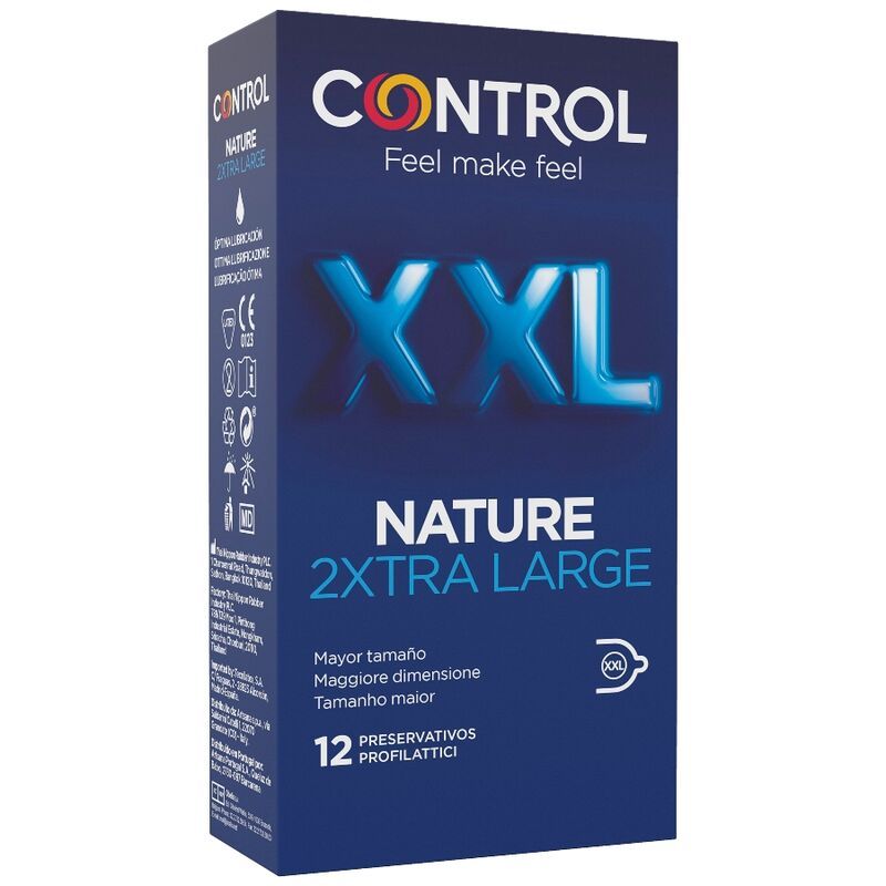 Preservativi CONTROL Nature 2 XXL, confezione da 12 unità, rivestiti di lubrificante, confezione grande e resistente.