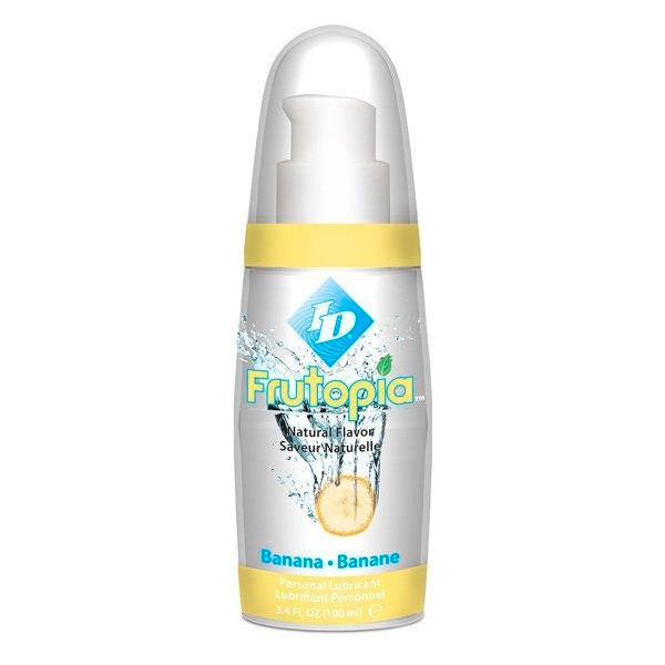 Lubrificante ID FRUTOPIA Lube Banana in bottiglia da 100 ml, con aroma alla banana, visibile nella bottiglia trasparente con etichetta.
