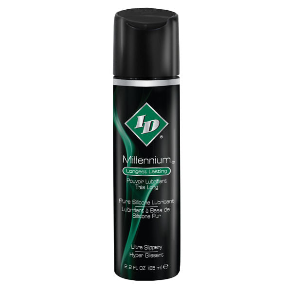 Lubrificante in silicone ID MILLENIUM da 65 ml, bottiglia con etichetta blu e tappo nero, ideale per applicazioni su superfici lisce.