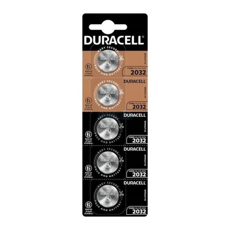 Set di 5 batterie a bottone CR2032 al litio da 3V Duracell, visualizzate in confezione compatta e resistente