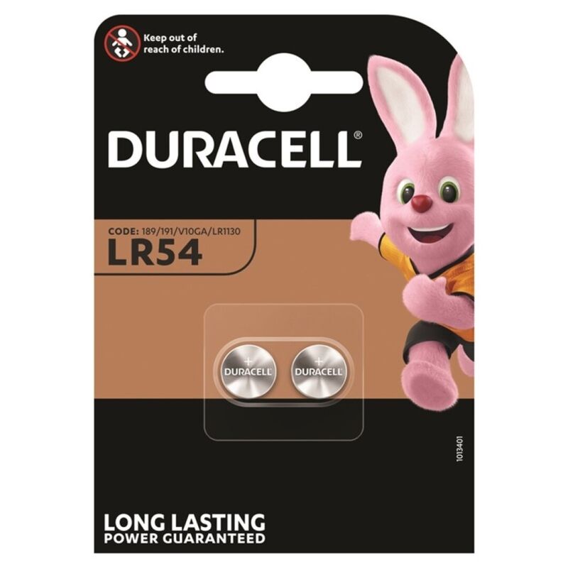 Due batterie alcaline a bottone DURACELL LR54 LR1130 AG10 da 1,5V, due unità, mostra le batterie con etichette e contatti.