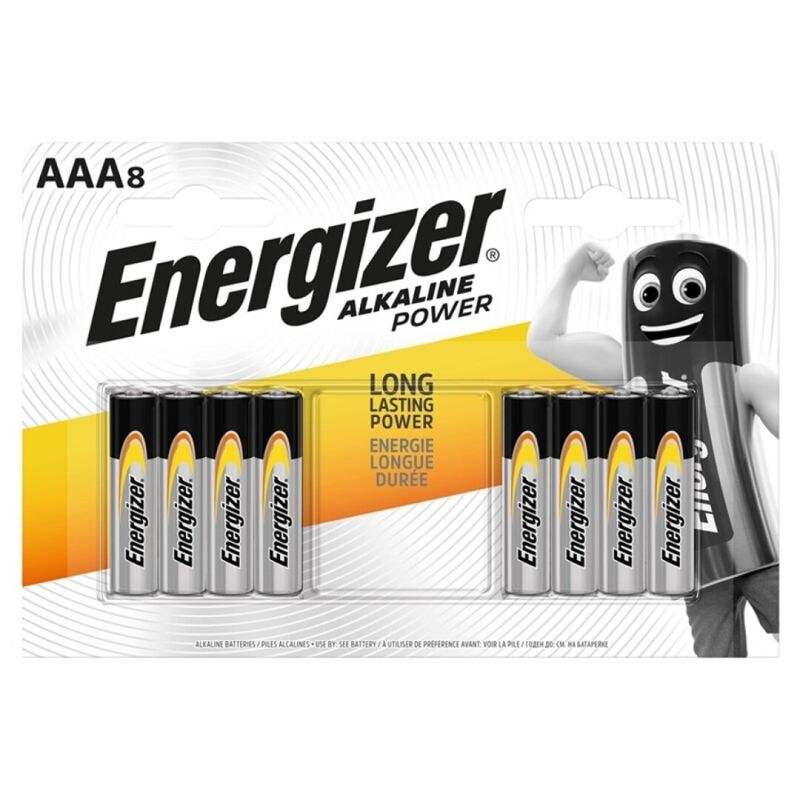 Set di 8 batterie alcaline AAA LR03 Energizer per dispositivi portatili e piccoli apparecchi elettronici.