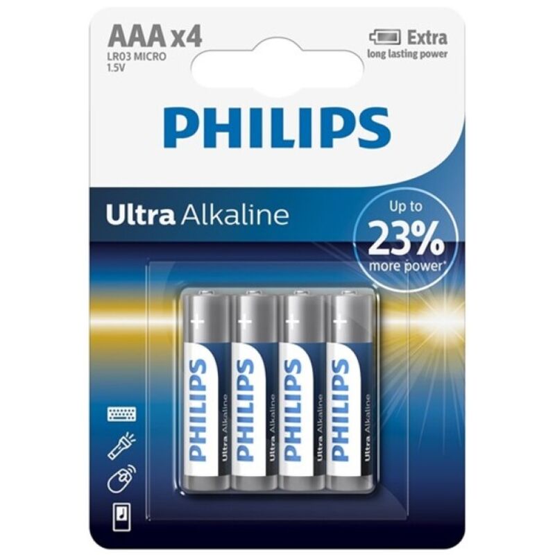 Batterie alcaline AAA Phillips LR03, confezione da 4 pezzi, con immagini di batterie nuove e confezionate.