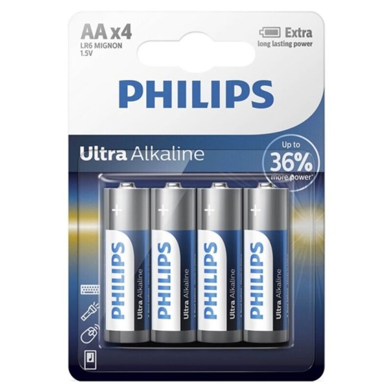 Batterie alcaline AA LR6 Philips, confezione da 4 pezzi con batterie nuove e brillanti, ideali per dispositivi portatili.