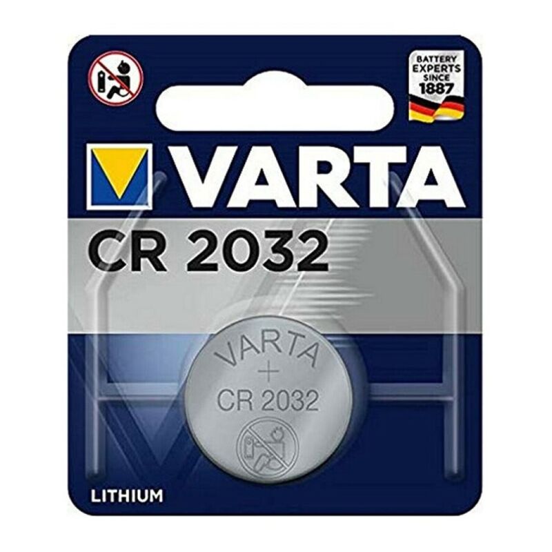 Batteria al litio VARTA CR2032 3V, pulsante, vista dall’alto, compatibile con dispositivi elettronici, immagine chiara e dettagliata.