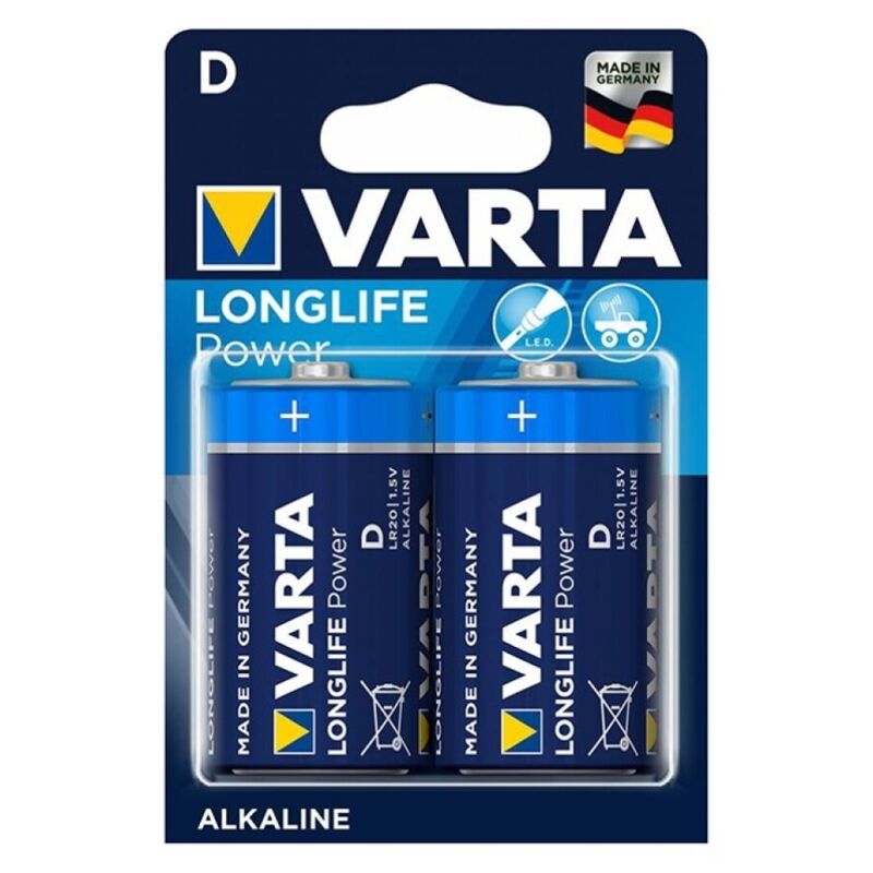 Due unità di batterie alcaline VARTA Longlife Power LR20 D con design cilindrico e etichetta visibile