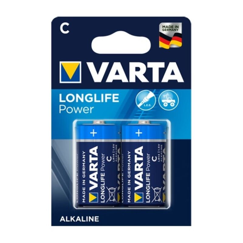 Due confezioni di batterie alcaline VARTA LongLife Power C LR14, in confezione da 2 pezzi, visibili nell'immagine.