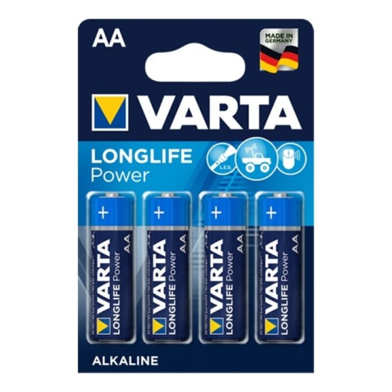 Batterie alcaline AA VARTA Longlife Power LR6, confezione da 4 unità, con immagini delle batterie visibili.