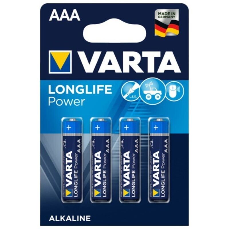 Batterie alcaline AAA VARTA Longlife Power LR03, 4 unità, immagini di batterie cilindriche con etichette VARTA.