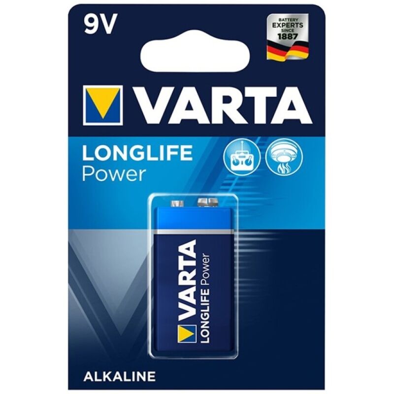 Batteria alcalina VARTA Longlife Power 9V LR61 con terminale positivo e negativo visibile, confezione singola