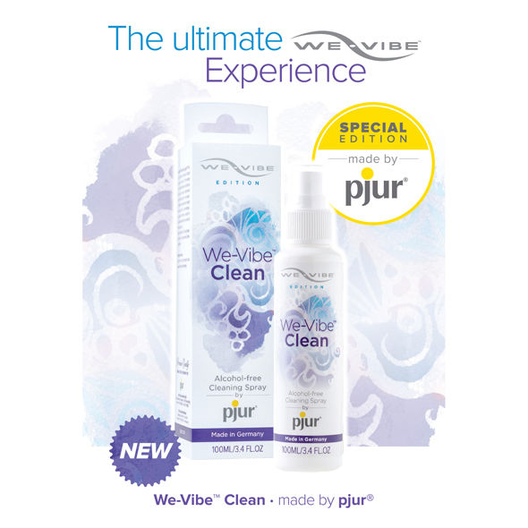Detergente PJUR We Vibe per giocattoli sessuali, bottiglia da 100 ml con etichetta e tappo bianco.