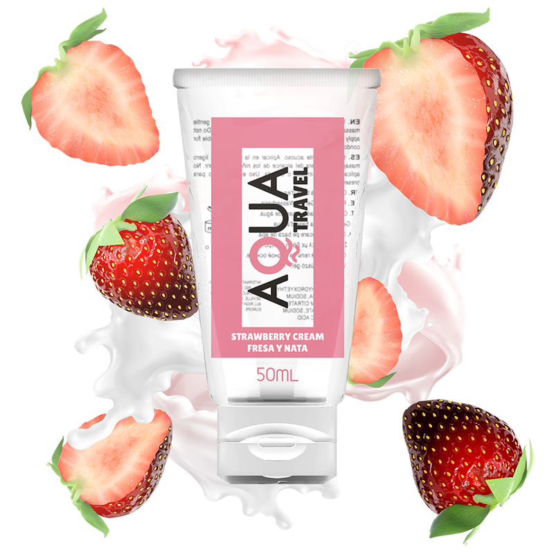 Lubrificante Aqua Travel a base acqua gusto crema fragola, bottiglia da 50 ml, con etichetta e tappo.