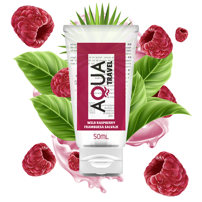 Lubrificante a base d'acqua Aqua Travel al gusto di lampone selvatico, 50 ml, con confezione visibile e dettagli del prodotto.