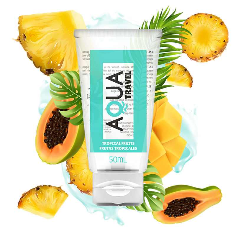 Lubrificante a base acqua Aqua Travel Frutti Tropicali, 50 ml, con fragranza fruttata, ideale per uso personale e intimo.