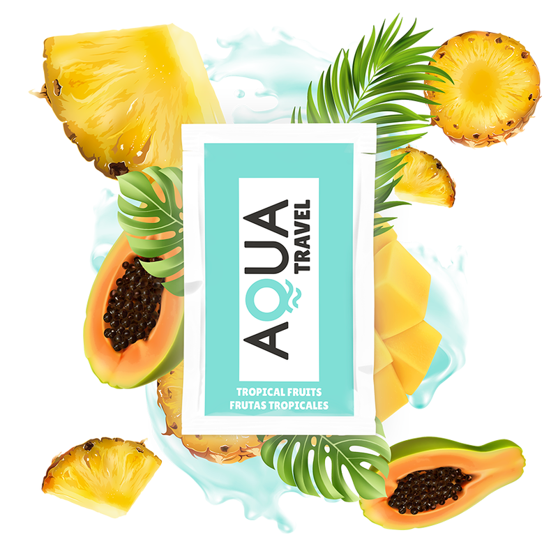 Lubrificante a base acqua Aqua Travel con gusto frutta tropicale, confezione da 6 ml, bottiglia con etichetta colorata.