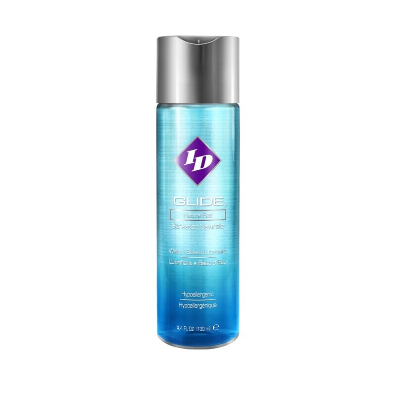 Lubrificante a base acqua ID GLIDE da 130 ml, bottiglia con etichetta blu e tappo trasparente, vista frontale