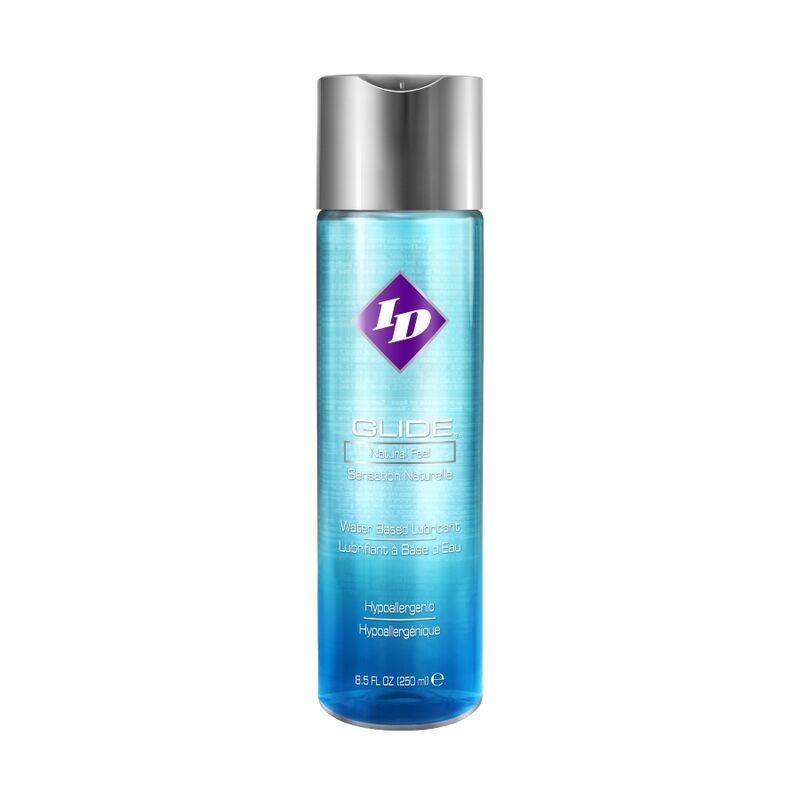 Lubrificante a base acqua ID GLIDE da 250 ml, bottiglia con etichetta blu e tappo trasparente, visibile in primo piano.