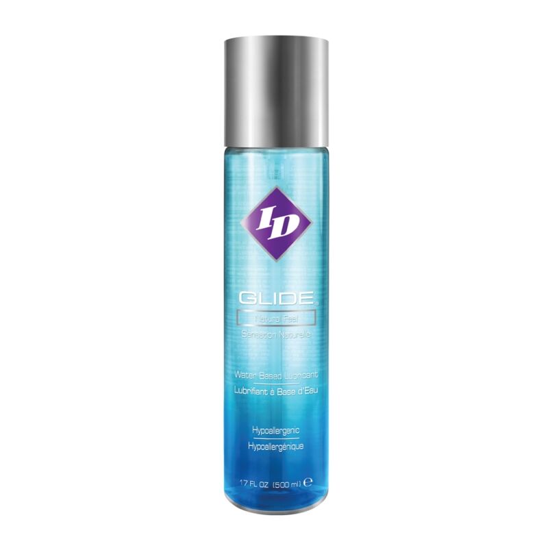 Lubrificante a base acqua ID GLIDE da 500 ml, bottiglia con etichetta bianca e blu, mostra il prodotto in primo piano