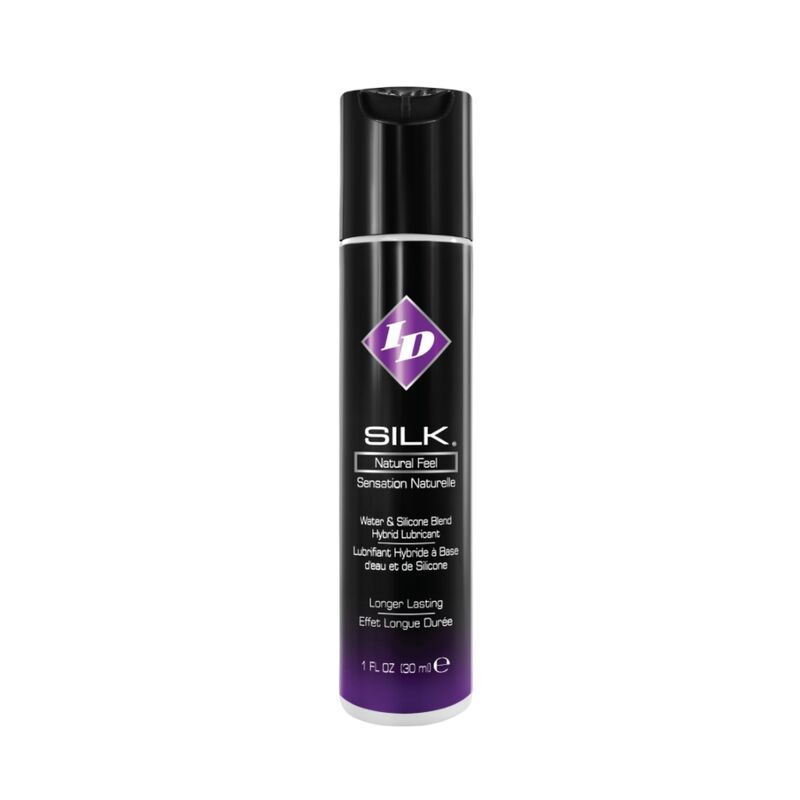 Silicone e acqua ID SILK NATURAL FEEL in flacone da 30 ml, texture liscia e trasparente, ideale per cura della pelle.