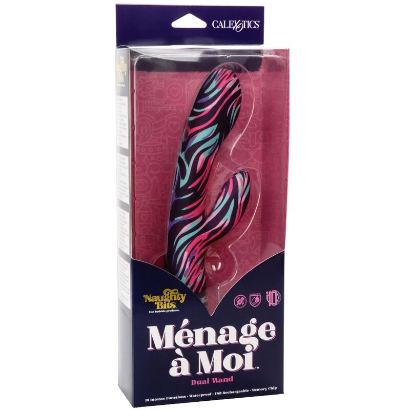 Calexotics Menage un vibratore Moi Dual Wand, dispositivo di lusso con design elegante e superficie liscia in bianco.