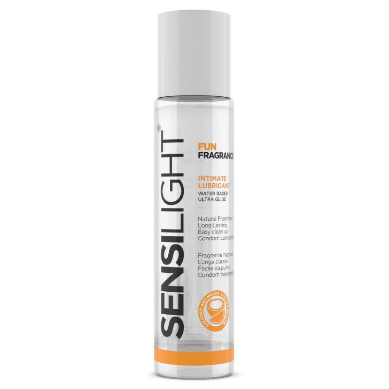 Lubrificante sensilight a base acqua di cocco e melone di INTIMATELINE, flacone da 60 ml, visibile in primo piano.