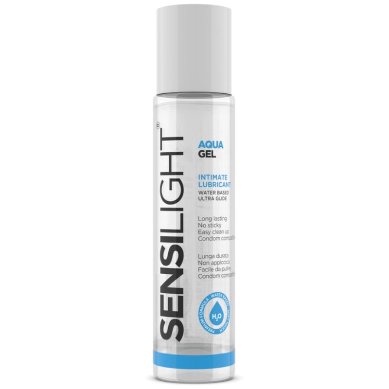Lubrificante a base acqua Intimateline Sensilight Aquagel da 60 ml, tubo con etichetta blu e bianca, visibile in primo piano.