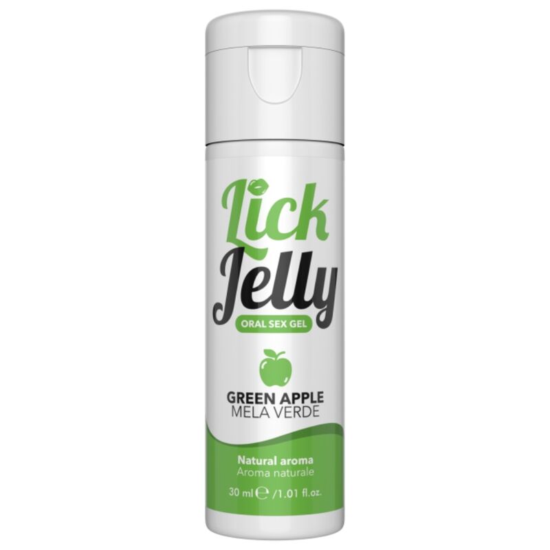 Gel lubrificante IntimateLine Lick alla mela verde, bottiglia da 50 ml con etichetta verde e tappo trasparente.