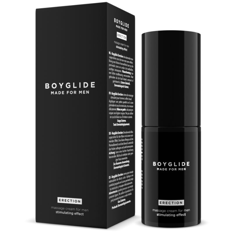 Crema BoyGlide INTIMATELINE per erezione, tubo da 30 ml con applicatore, mostra il contenuto e il packaging sulla superficie.