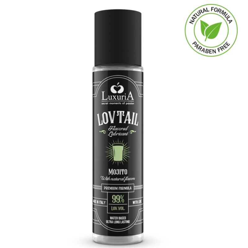 Lubrificante a base acqua INTIMATELINE LUXURIA Lovtail, profumo Mojito, bottiglia da 60 ml, dettagli del prodotto e etichetta.